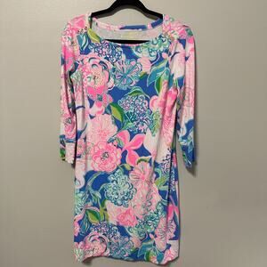 Lilly Pulitzer Sophie Dress UPF Small Peony 3/4 Sleeve Pink Blue Floral Beach